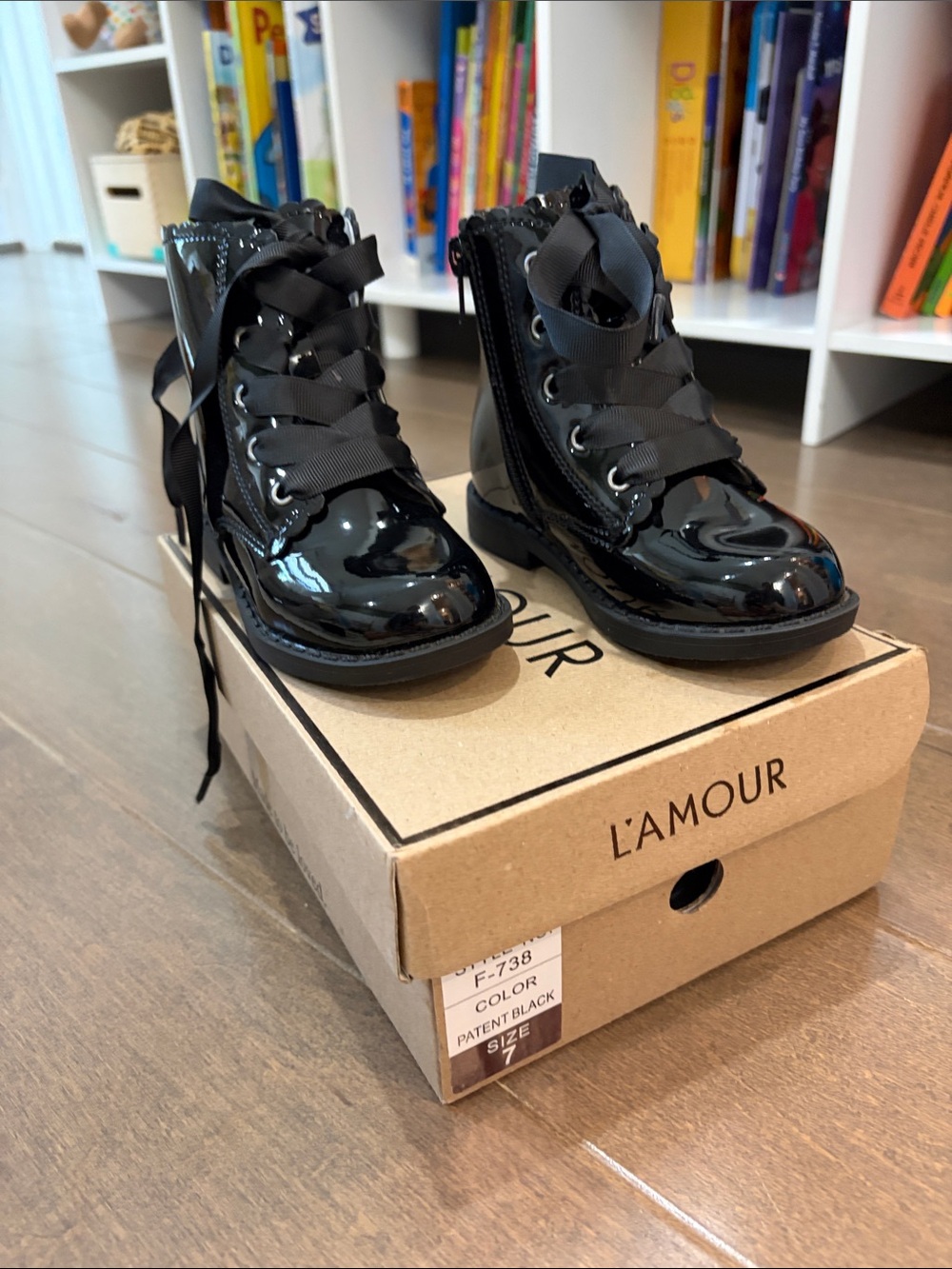 L'Amour -  Josephine Scallop Boot Black Patent Ribbon Lace Boots